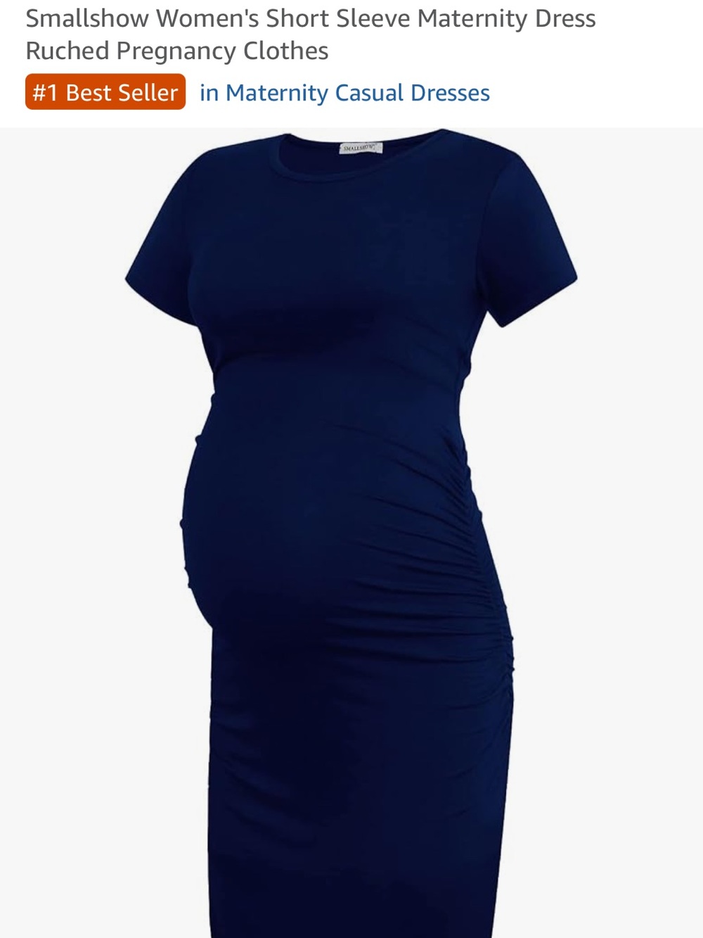 Amazon Navy Short Sleeve Ruched Maternity Midi Dress